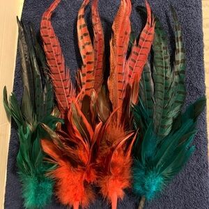 4 Green Red Dyed Pheasant Feather Pick Spray Stem 14" Floral Craft Home Decor